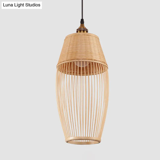 Asian Style Bamboo Rattan Oval Suspension Light - Beige 1-Light Hanging Ceiling Lamp