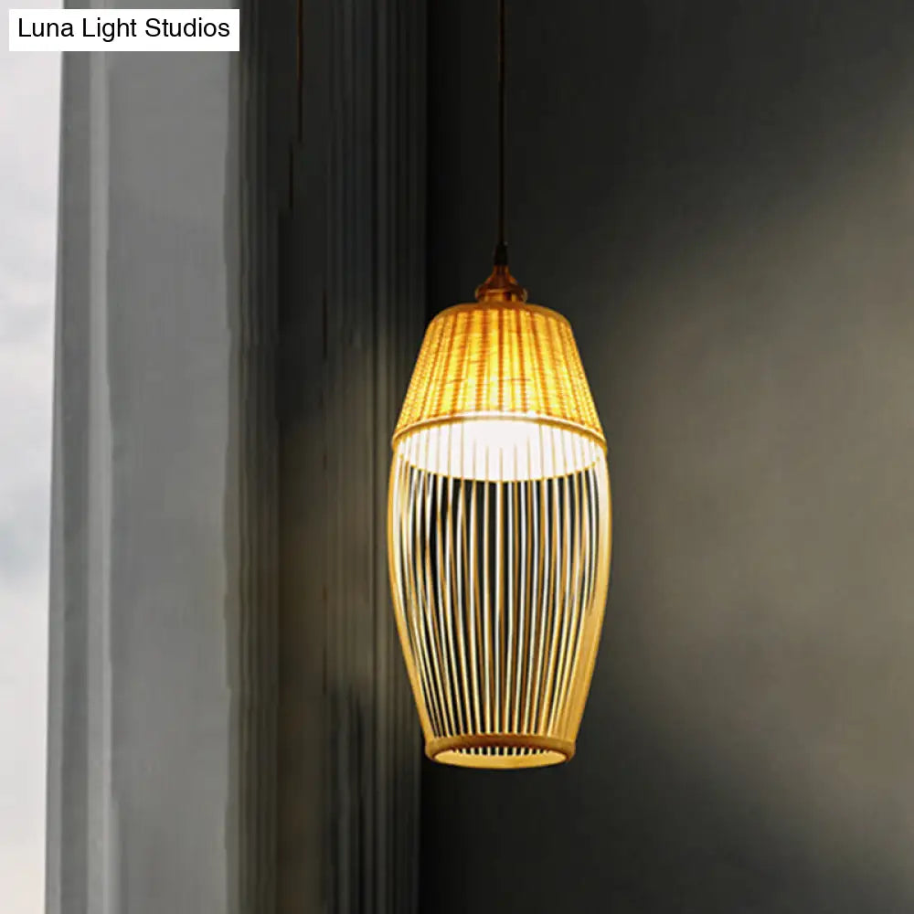 Asian Style Bamboo Rattan Oval Suspension Light - Beige 1-Light Hanging Ceiling Lamp