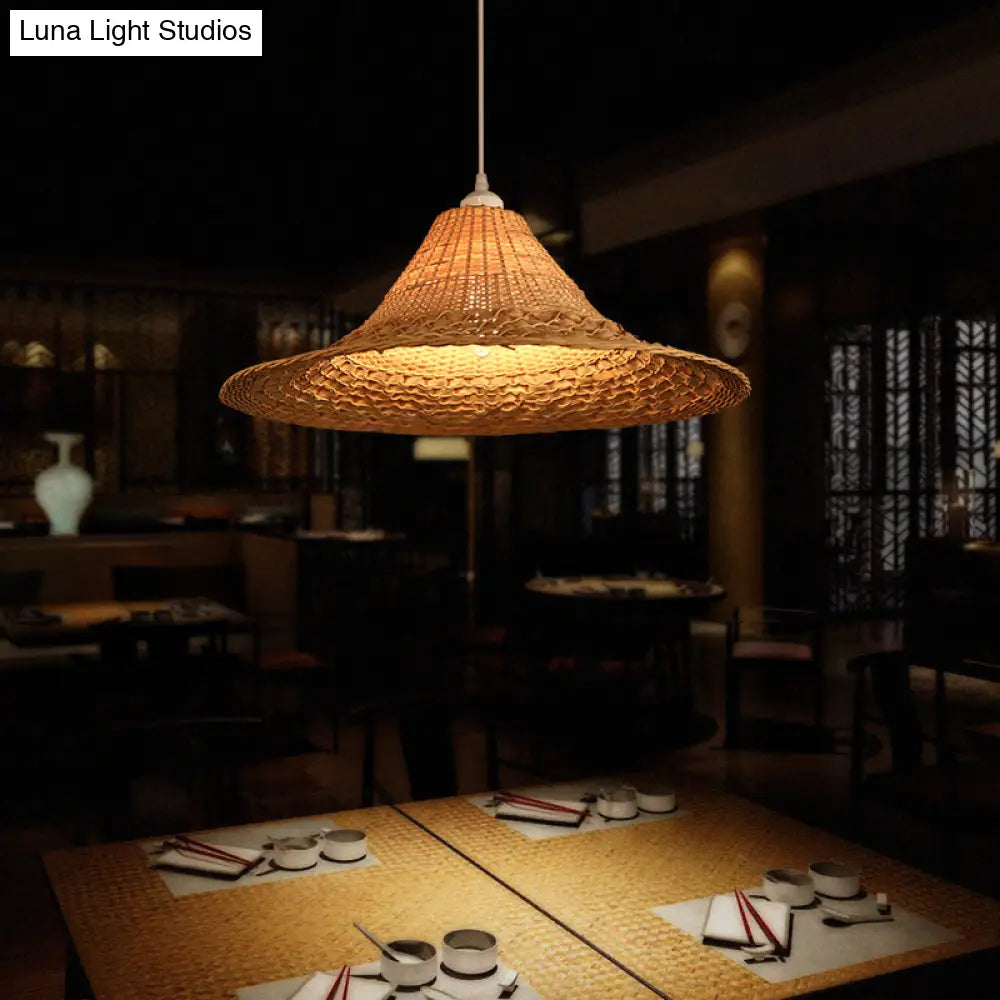 Asian Style Bamboo Straw Hat Ceiling Light Fixture In Wood - Restaurant Hanging With 1 Bulb