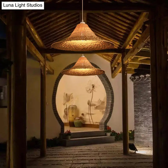 Asian Style Bamboo Straw Hat Ceiling Light Fixture In Wood - Restaurant Hanging With 1 Bulb