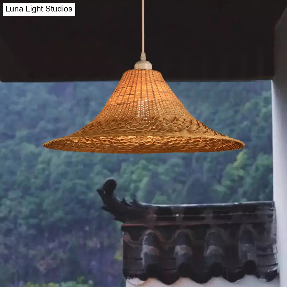 Asian Style Bamboo Straw Hat Ceiling Light Fixture In Wood - Restaurant Hanging With 1 Bulb