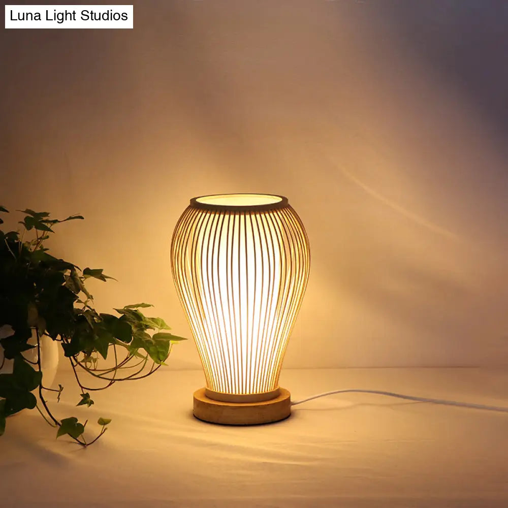 Asian-Style Bamboo Urn Table Lamp With Cylinder Shade - Single Bulb White Desk Light