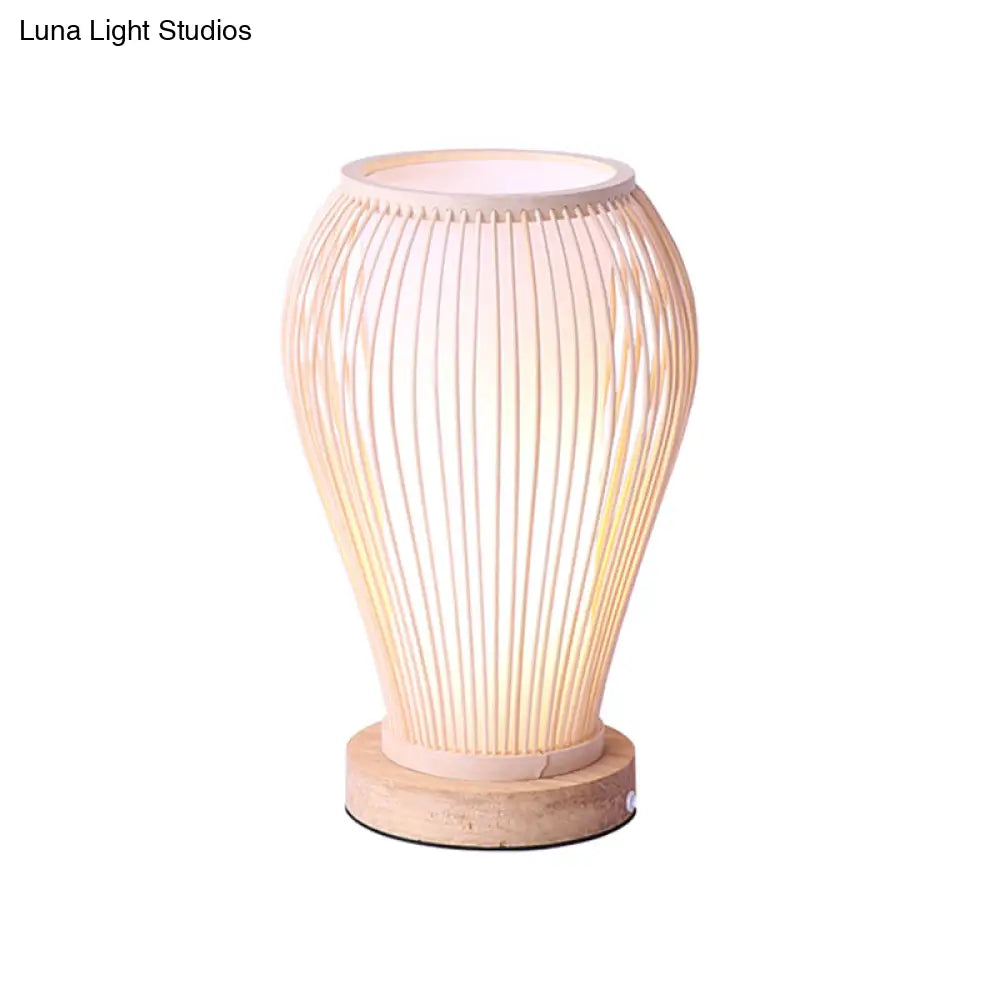 Asian-Style Bamboo Urn Table Lamp With Cylinder Shade - Single Bulb White Desk Light