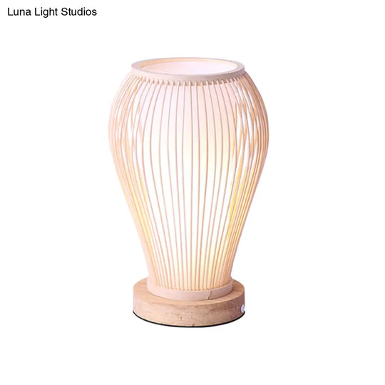 Asian-Style Bamboo Urn Table Lamp With Cylinder Shade - Single Bulb White Desk Light