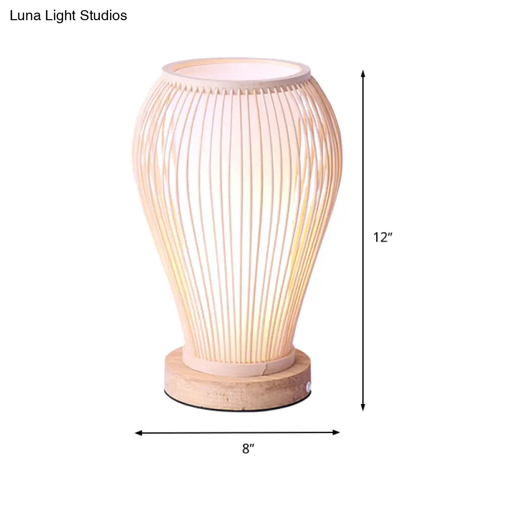 Asian-Style Bamboo Urn Table Lamp With Cylinder Shade - Single Bulb White Desk Light