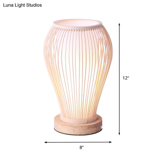 Asian-Style Bamboo Urn Table Lamp With Cylinder Shade - Single Bulb White Desk Light