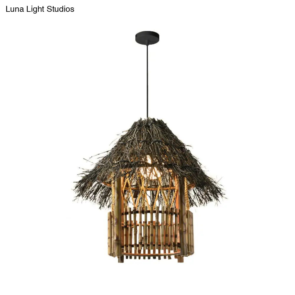 Asian Style Beige Pendant Light With Bamboo Woven Cone/Crescent Design - 1 Head Hanging Ceiling