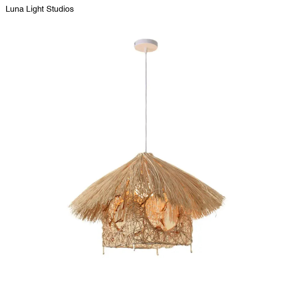 Asian Style Beige Pendant Light With Bamboo Woven Cone/Crescent Design - 1 Head Hanging Ceiling / F