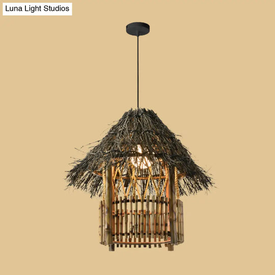 Asian Style Bamboo Woven Pendant Light - Beige Cone/Crescent/House Design