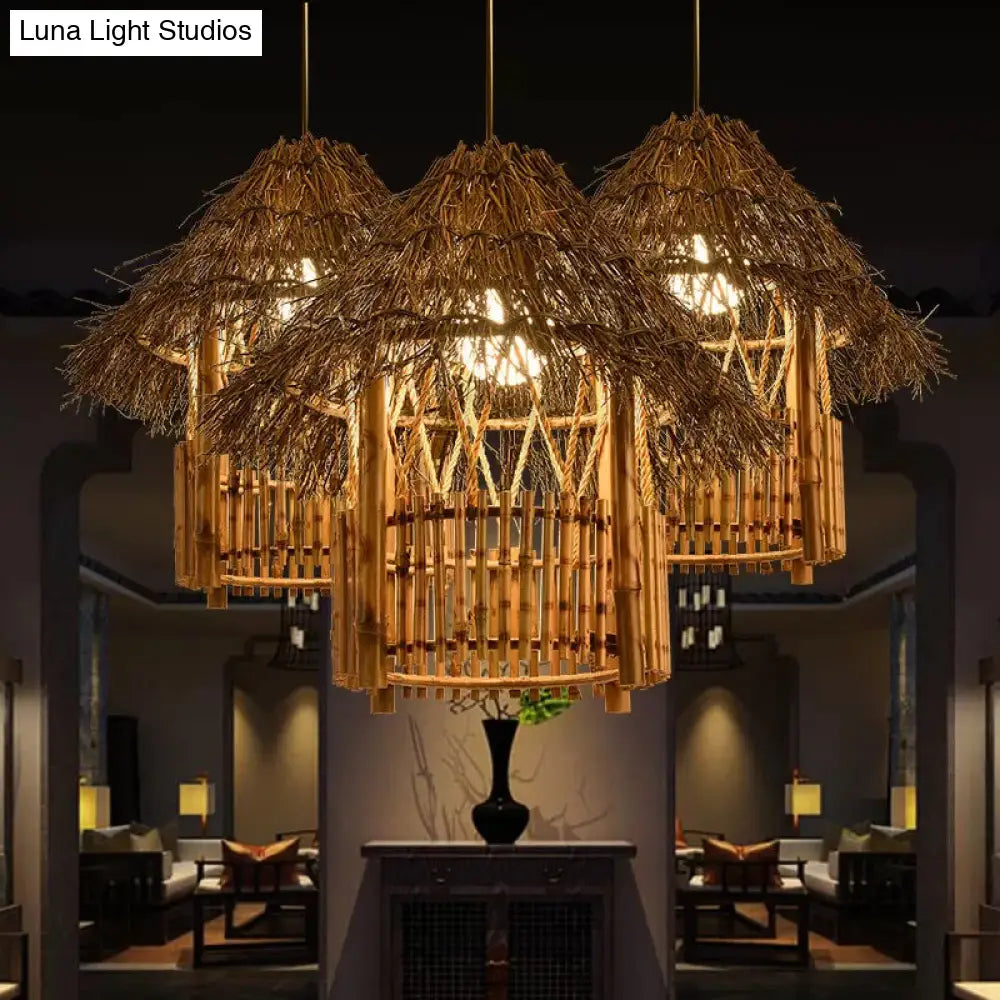 Asian Style Beige Pendant Light With Bamboo Woven Cone/Crescent Design - 1 Head Hanging Ceiling / B
