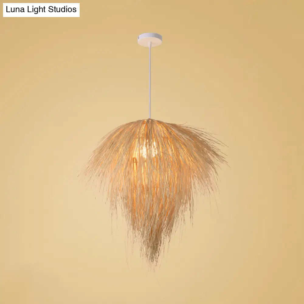 Asian Style Bamboo Woven Pendant Light - Beige Cone/Crescent/House Design