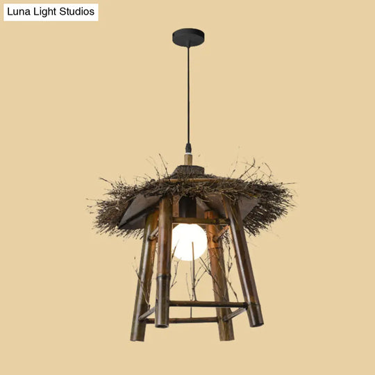 Asian Style Beige Pendant Light With Bamboo Woven Cone/Crescent Design - 1 Head Hanging Ceiling