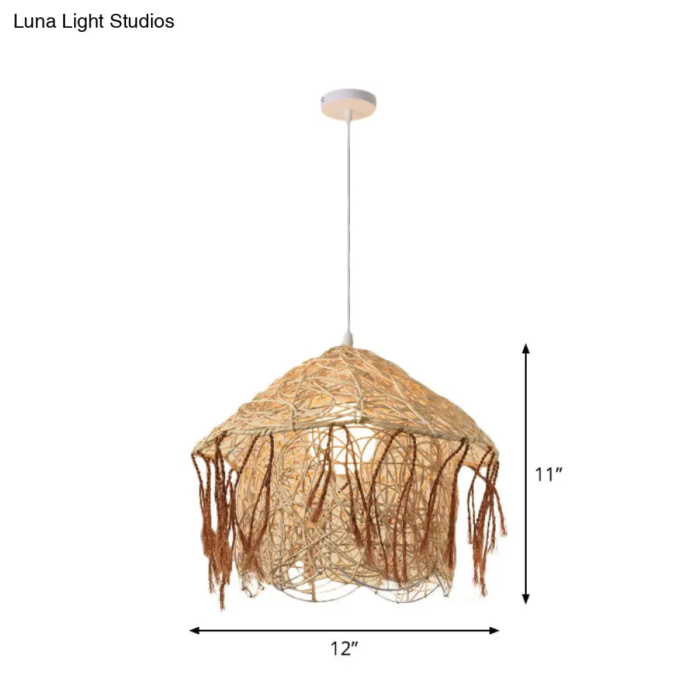 Asian Style Bamboo Woven Pendant Light - Beige Cone/Crescent/House Design