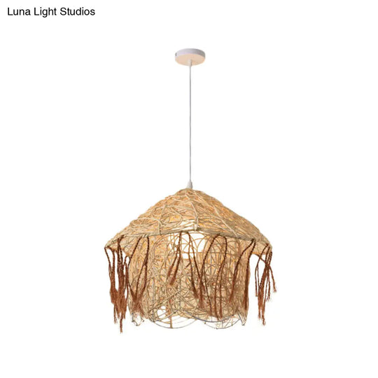 Asian Style Beige Pendant Light With Bamboo Woven Cone/Crescent Design - 1 Head Hanging Ceiling / E