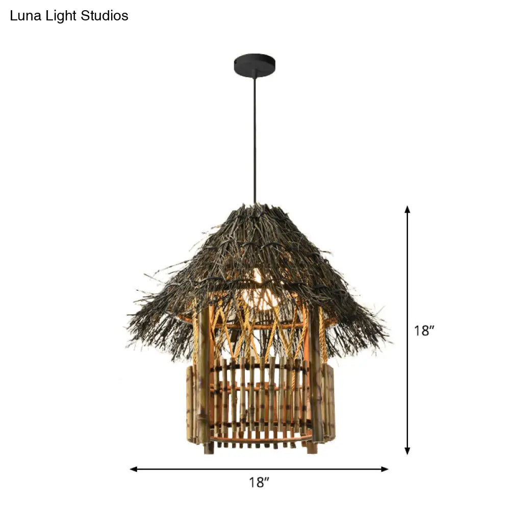 Asian Style Bamboo Woven Pendant Light - Beige Cone/Crescent/House Design