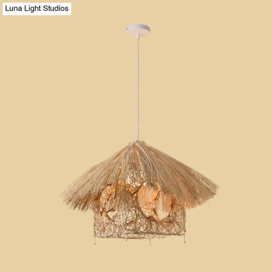 Asian Style Beige Pendant Light With Bamboo Woven Cone/Crescent Design - 1 Head Hanging Ceiling