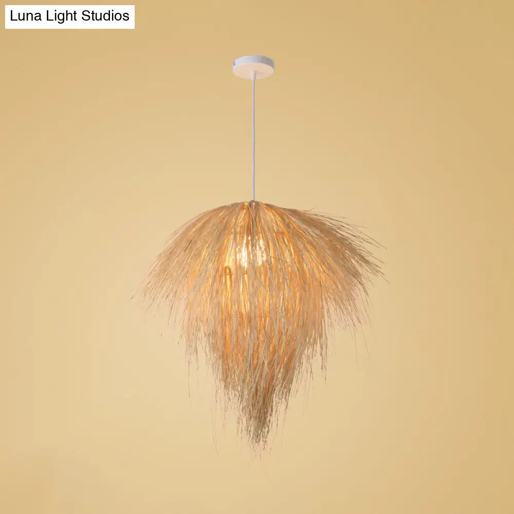 Asian Style Beige Pendant Light With Bamboo Woven Cone/Crescent Design - 1 Head Hanging Ceiling