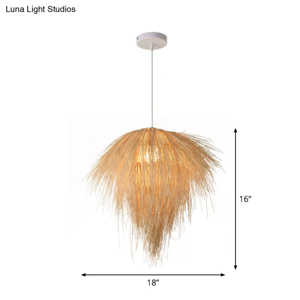 Asian Style Beige Pendant Light With Bamboo Woven Cone/Crescent Design - 1 Head Hanging Ceiling