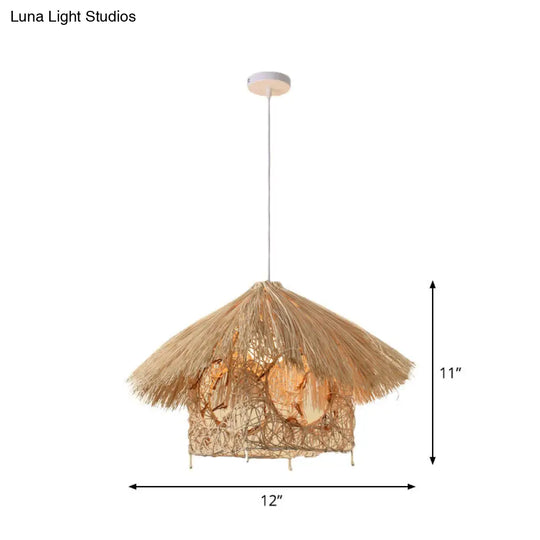 Asian Style Beige Pendant Light With Bamboo Woven Cone/Crescent Design - 1 Head Hanging Ceiling