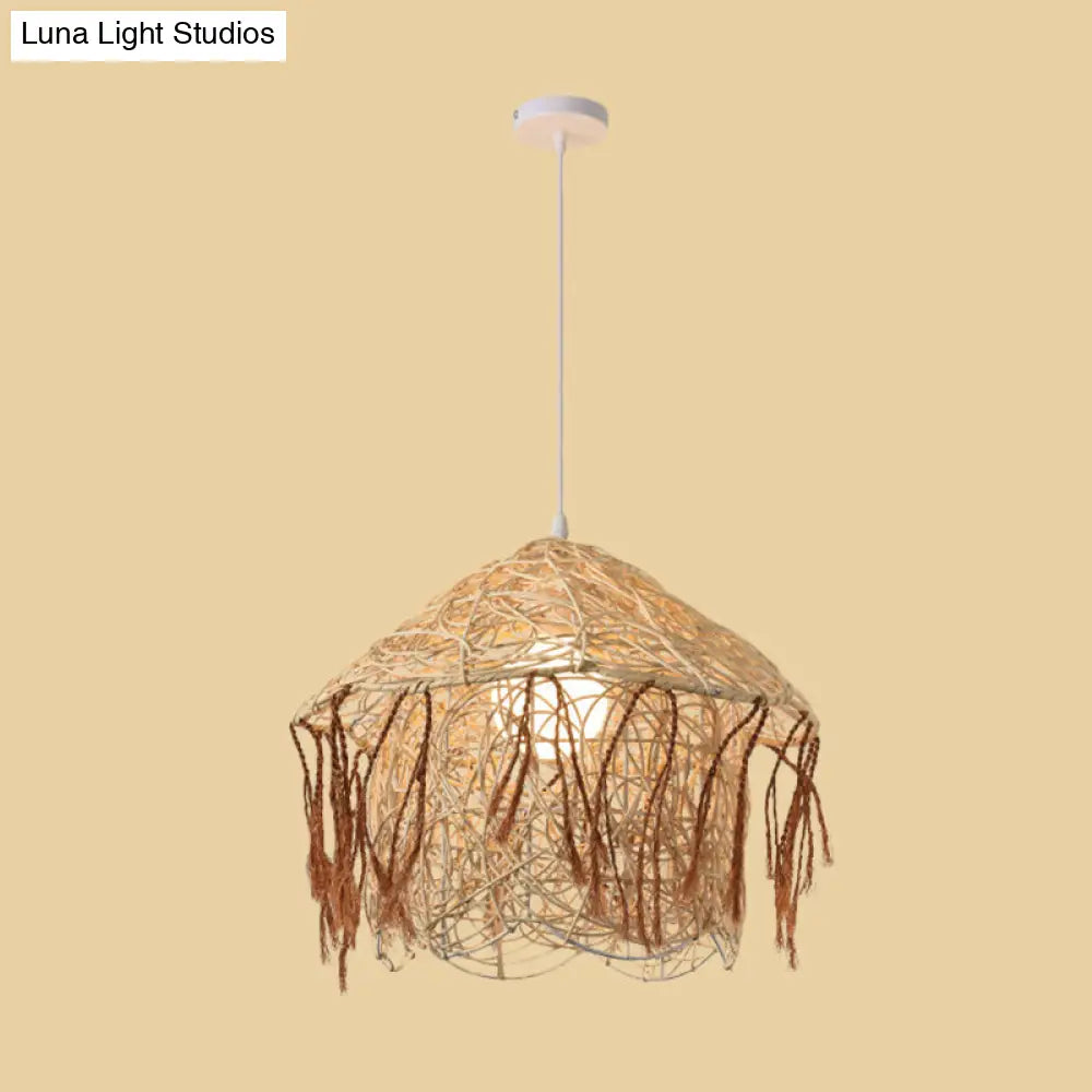 Asian Style Bamboo Woven Pendant Light - Beige Cone/Crescent/House Design