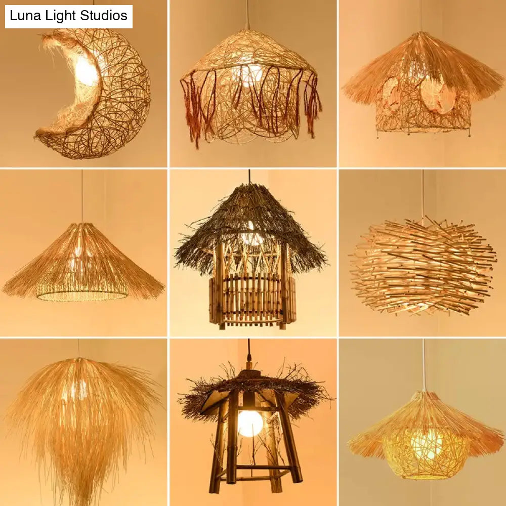 Asian Style Bamboo Woven Pendant Light - Beige Cone/Crescent/House Design