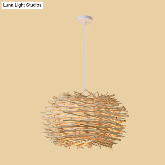 Asian Style Beige Pendant Light With Bamboo Woven Cone/Crescent Design - 1 Head Hanging Ceiling