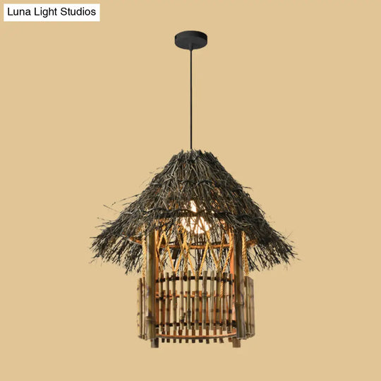 Asian Style Beige Pendant Light With Bamboo Woven Cone/Crescent Design - 1 Head Hanging Ceiling