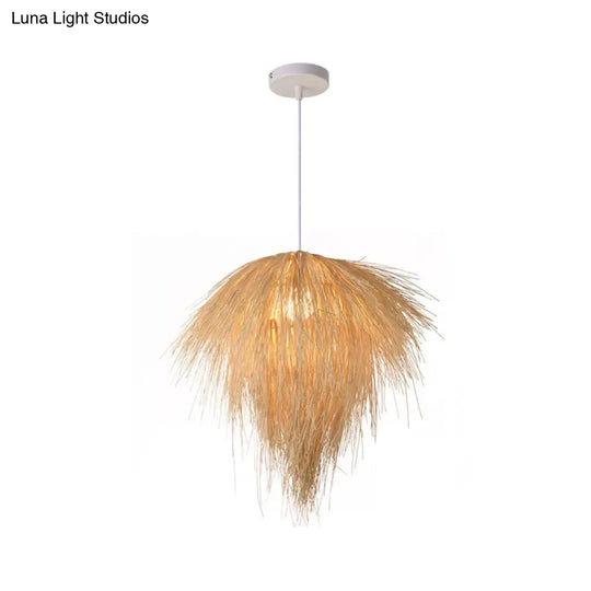 Asian Style Beige Pendant Light With Bamboo Woven Cone/Crescent Design - 1 Head Hanging Ceiling / H