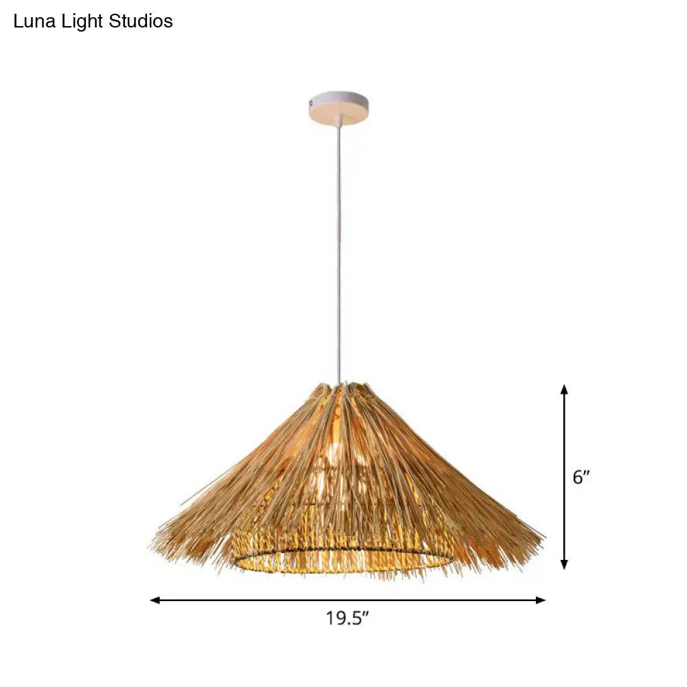 Asian Style Bamboo Woven Pendant Light - Beige Cone/Crescent/House Design