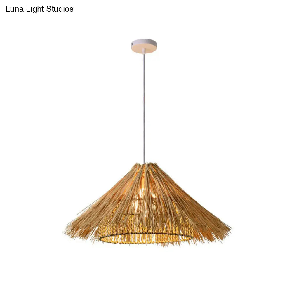 Asian Style Beige Pendant Light With Bamboo Woven Cone/Crescent Design - 1 Head Hanging Ceiling / G