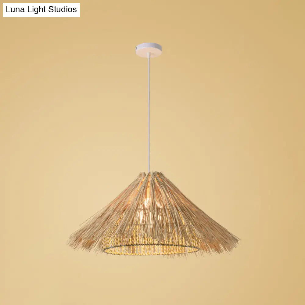 Asian Style Beige Pendant Light With Bamboo Woven Cone/Crescent Design - 1 Head Hanging Ceiling