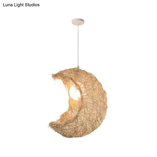 Asian Style Beige Pendant Light With Bamboo Woven Cone/Crescent Design - 1 Head Hanging Ceiling / D