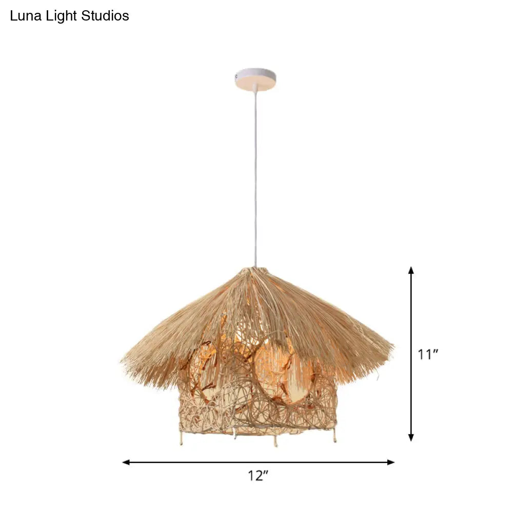 Asian Style Bamboo Woven Pendant Light - Beige Cone/Crescent/House Design