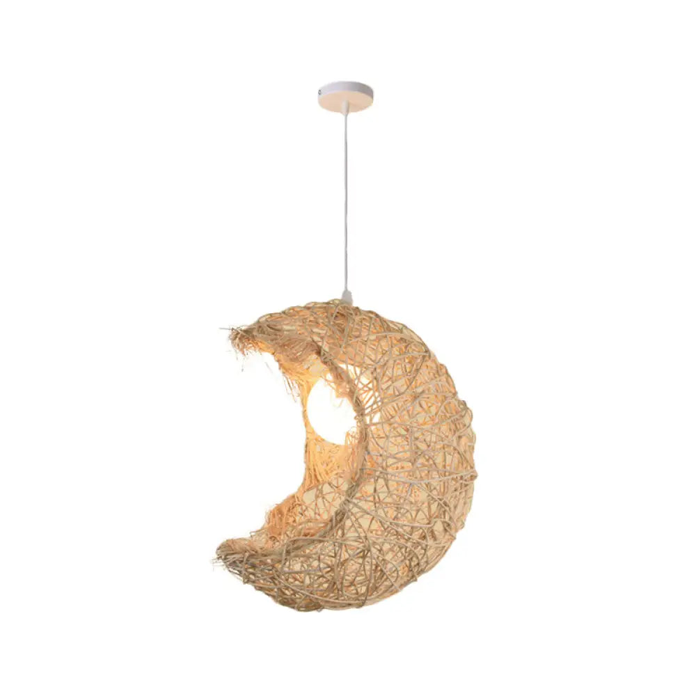 Asian Style Bamboo Woven Pendant Light - Beige Cone/Crescent/House Design / D
