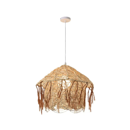 Asian Style Bamboo Woven Pendant Light - Beige Cone/Crescent/House Design / E