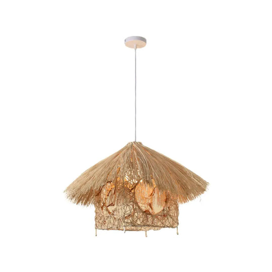 Asian Style Bamboo Woven Pendant Light - Beige Cone/Crescent/House Design / F