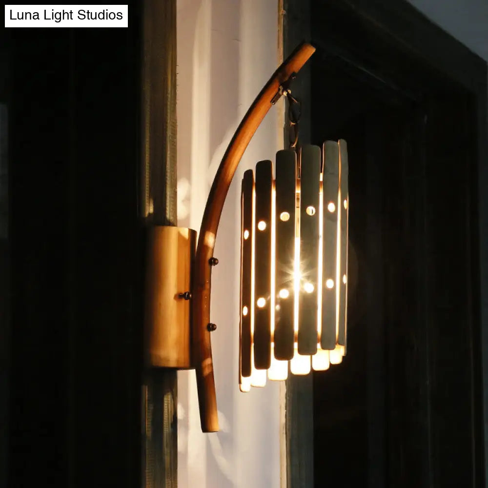 Asian Style Beige 1-Head Corridor Wall Sconce Light With Curved Arm And Wood Cylinder Shade