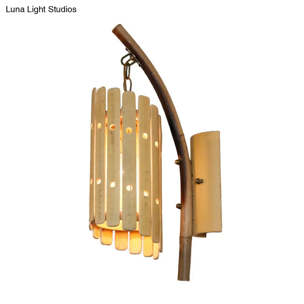 Asian Style Beige 1-Head Corridor Wall Sconce Light With Curved Arm And Wood Cylinder Shade