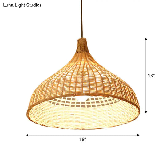 Asian Style Beige Diamond/Bell/Onion Drop Pendant Hanging Light Fixture With Bamboo Accent - Tearoom