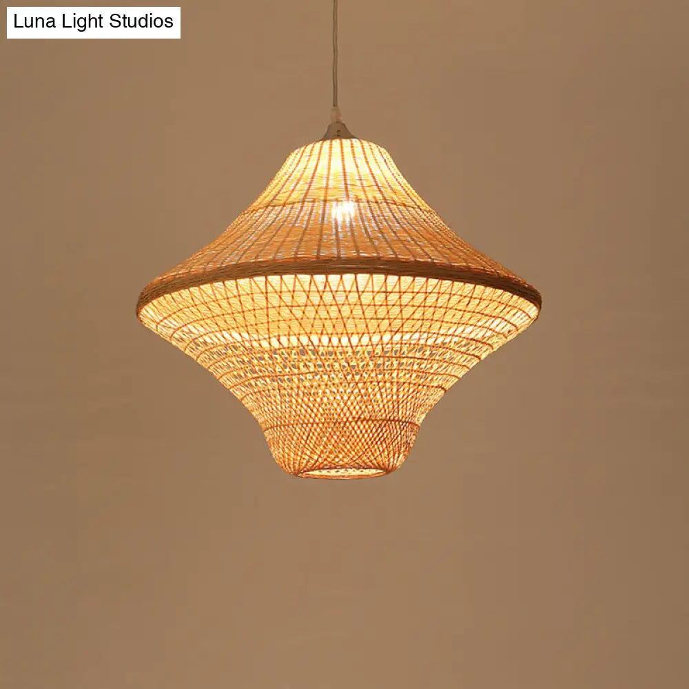 Asian Style Beige Diamond/Bell/Onion Drop Pendant Hanging Light Fixture With Bamboo Accent - Tearoom