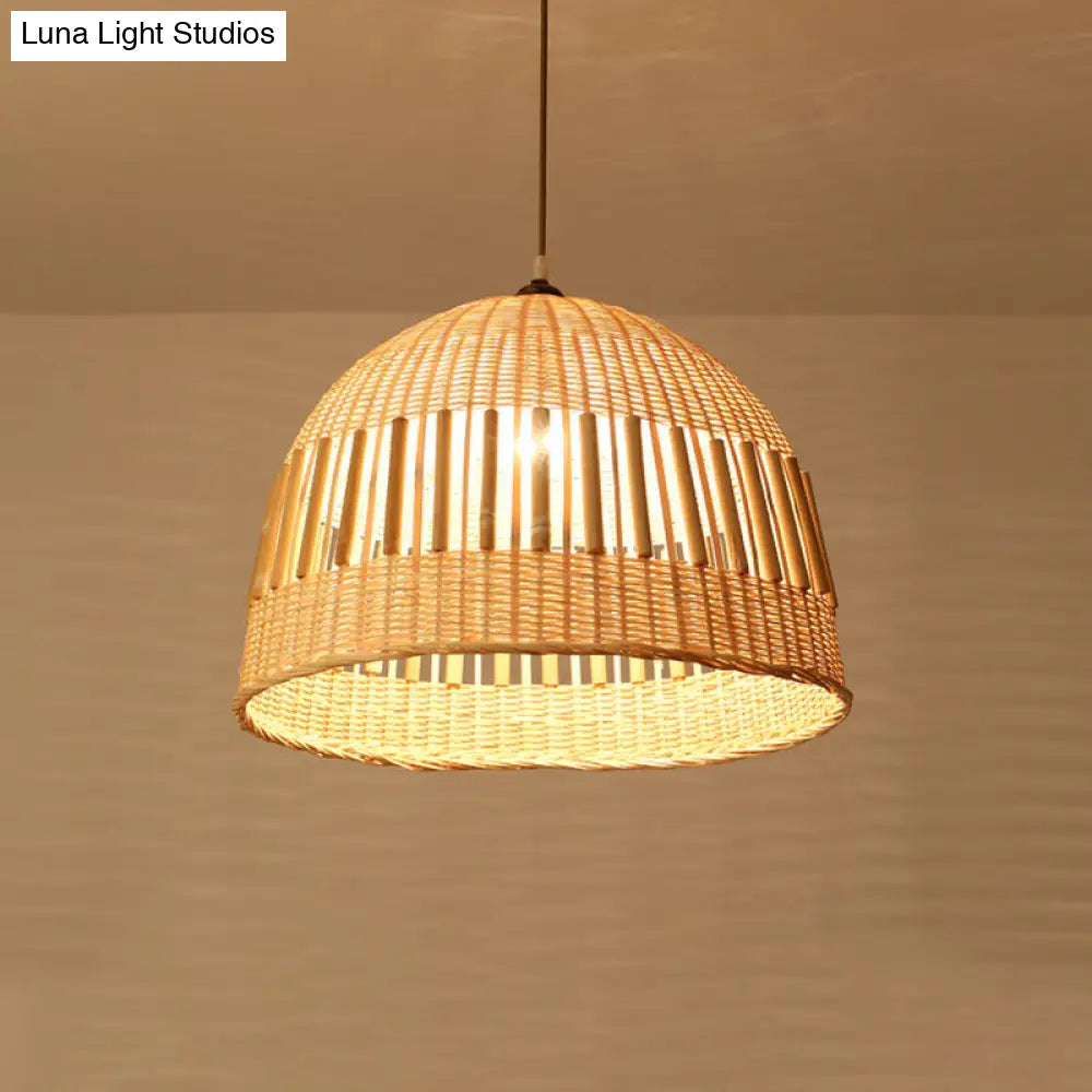 Asian Style Beige Diamond/Bell/Onion Drop Pendant Hanging Light Fixture With Bamboo Accent - Tearoom