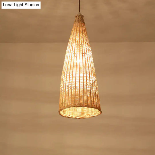 Asian Style Beige Diamond/Bell/Onion Drop Pendant Hanging Light Fixture With Bamboo Accent - Tearoom