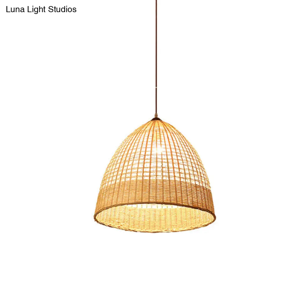 Asian Style Beige Diamond/Bell/Onion Drop Pendant Hanging Light Fixture With Bamboo Accent - Tearoom