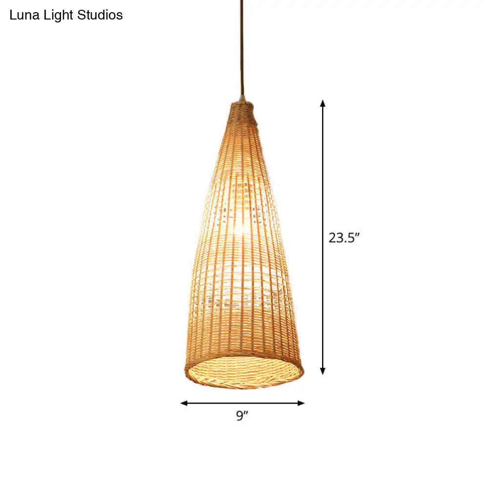 Asian Style Beige Diamond/Bell/Onion Drop Pendant Hanging Light Fixture With Bamboo Accent - Tearoom