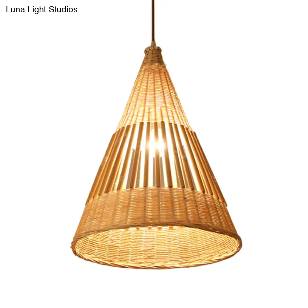 Asian Style Beige Diamond/Bell/Onion Drop Pendant Hanging Light Fixture With Bamboo Accent - Tearoom