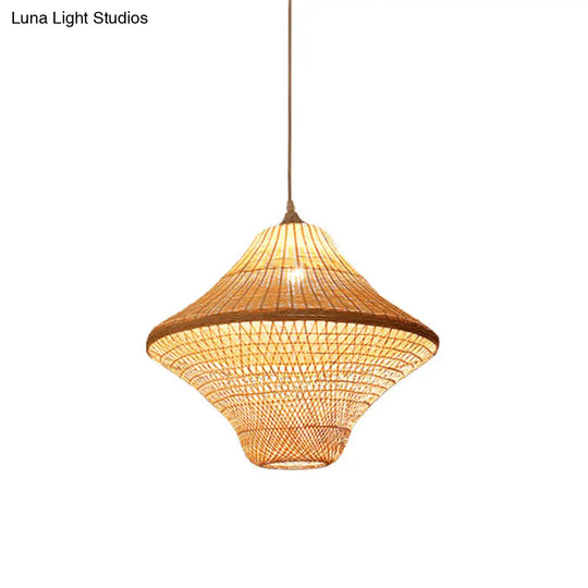 Asian Style Beige Diamond/Bell/Onion Drop Pendant Hanging Light Fixture With Bamboo Accent - Tearoom