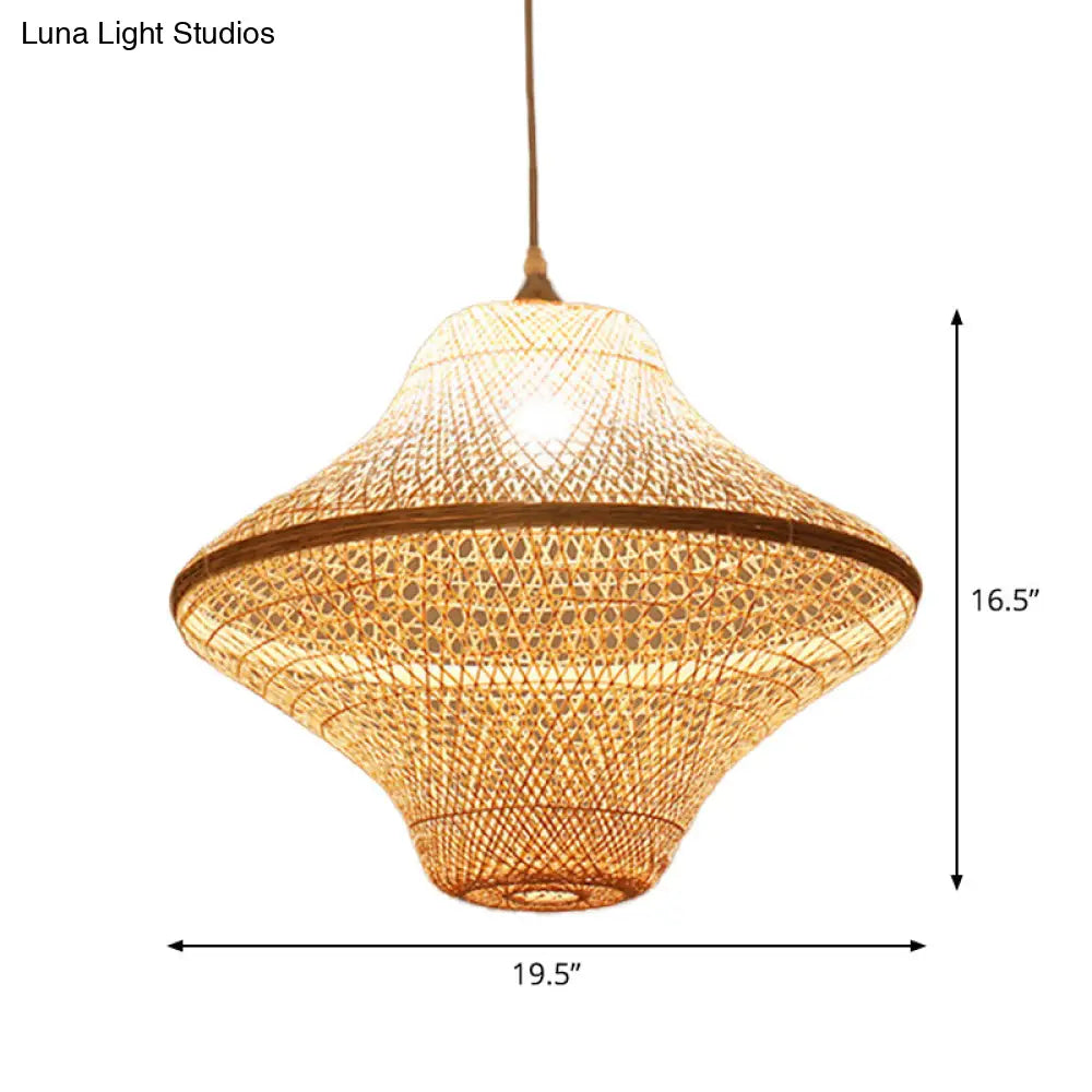 Asian Style Beige Diamond/Bell/Onion Drop Pendant Hanging Light Fixture With Bamboo Accent - Tearoom