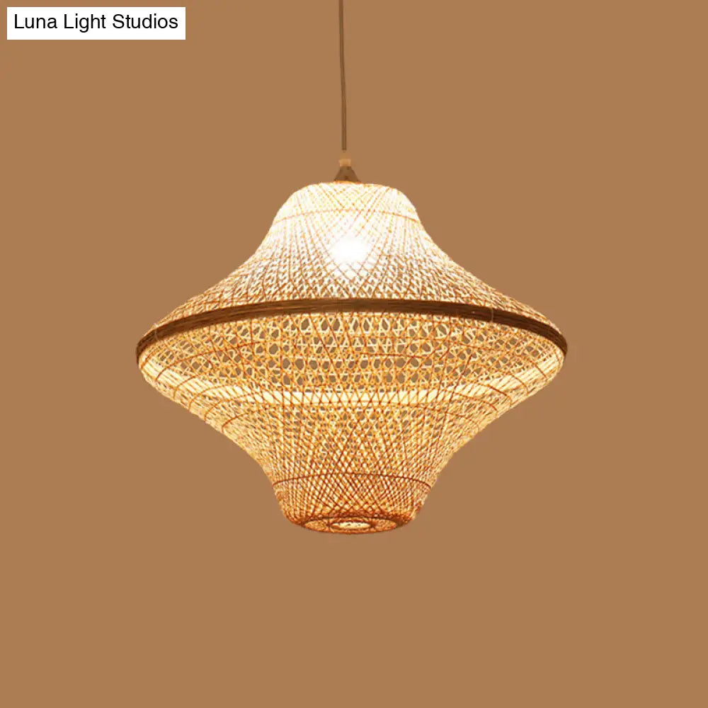 Asian Style Beige Diamond/Bell/Onion Drop Pendant Hanging Light Fixture With Bamboo Accent - Tearoom