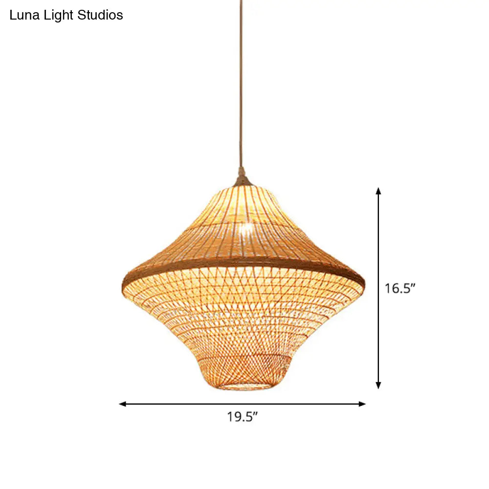 Asian Style Beige Diamond/Bell/Onion Drop Pendant Hanging Light Fixture With Bamboo Accent - Tearoom