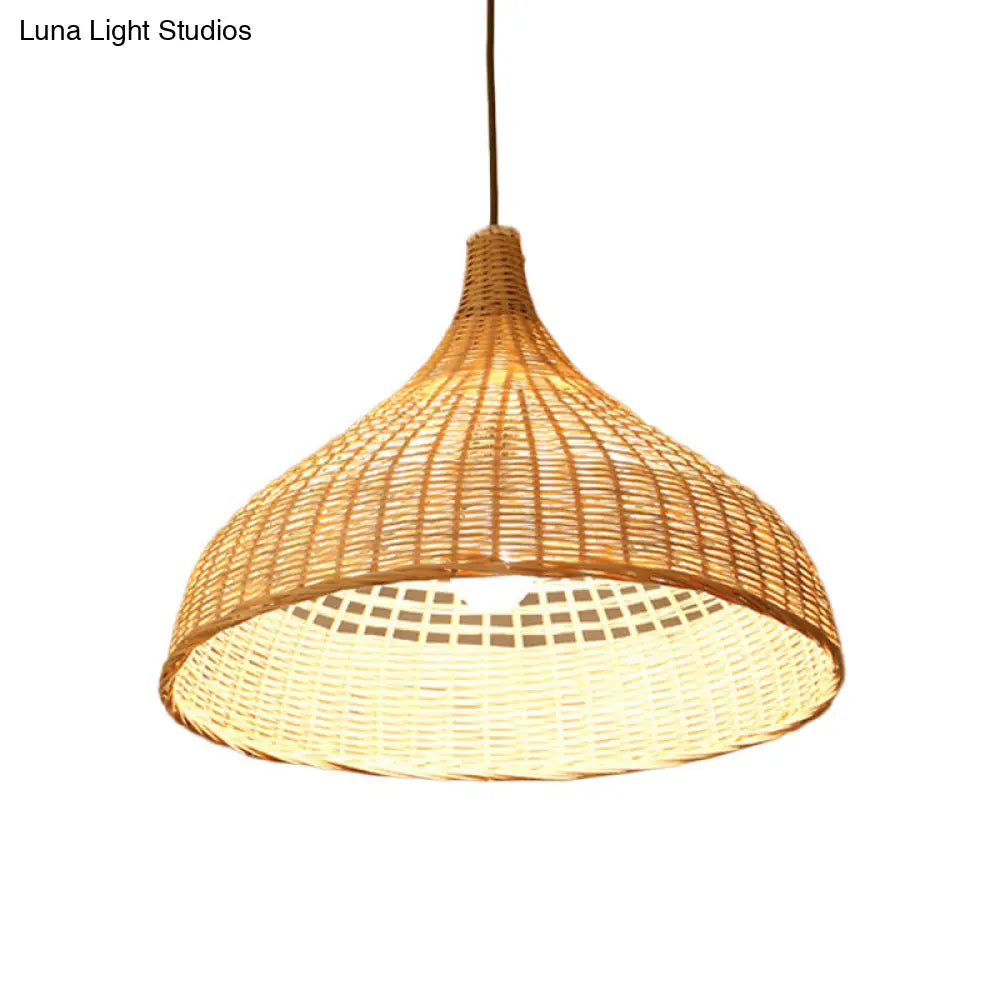 Asian Style Beige Diamond/Bell/Onion Drop Pendant Hanging Light Fixture With Bamboo Accent - Tearoom